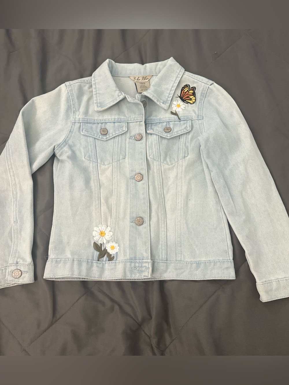 Girls Light Blue Denim Jacket with Floral & Butterfly Embroidery size 7/8 small